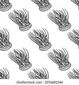 Patrón sin foco con medusas lindas en blanco y negro sobre fondo blanco. Imagen vectorial.
