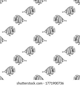 Patrón sin foco con adorable pez marino blanco y negro sobre fondo blanco para tela, textil, ropa, manteles y otras cosas. Imagen vectorial. 
