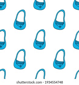 Nahtloses Muster mit süßen blauen Taschen auf weißem Hintergrund. Doodle-Stil. Vektorbild. 