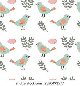 Seamless pattern with cute blue bird. Vector flat design, kids illustration. Cartoon style, modern colors.