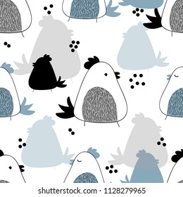 Seamless pattern with cute blue birds. Cute chickens on white background. Several chickens in different poses. Vector illustration in children`s style. Suitable for fabric, wallpaper, clothing.