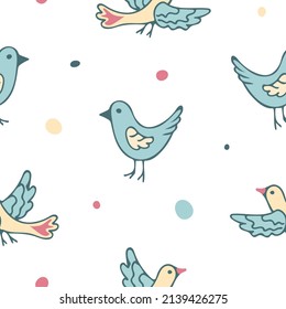 Seamless pattern with cute blue birds isolated on white background. Vector illustration. Can be used for fabric, wrapping paper or decoration of kids things.