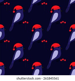 Seamless pattern with cute blue birds in a caps and berries
