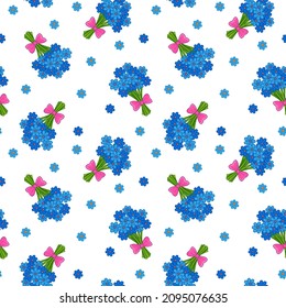Seamless pattern with cute blue bouquets of flowers. Spring cornflowers and blue daisies, delicate decoration for packaging. Vector illustration in minimalistic flat style, hand drawn