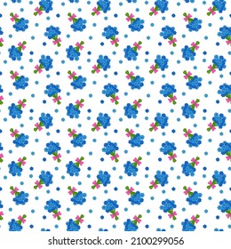 Seamless pattern with cute blue bouquets of flowers. Spring cornflowers and blue daisies, world women's day, mother's day. Vector illustration in minimalistic flat style, hand drawn
