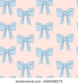 Seamless pattern with cute  blue bows. Trendy hair braiding accessory. Hand drawn vector illustration.