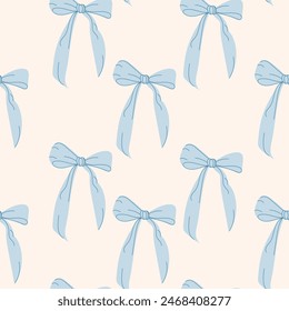 Seamless pattern with cute  blue bows. Trendy hair braiding accessory. Hand drawn vector illustration.