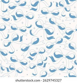 Seamless pattern with cute blue bows on light background. Soft and elegant design for wrapping paper, textiles, baby shower decor, or feminine festive themes.
