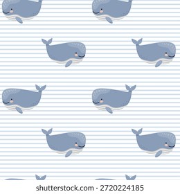 Padrão contínuo com bonitos baleias de desenho animado azul em um fundo listrado. Papel de parede com tema náutico para crianças e têxteis. Ilustração de vetor plano.