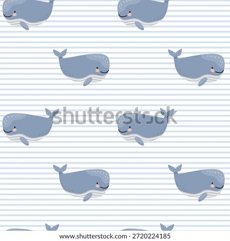 Seamless pattern with cute blue cartoon whales on a striped background. Nautical-themed wallpaper for children and textiles. Flat vector illustration.