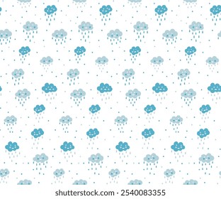 Seamless pattern with cute blue clouds and rain, Isolated on white background watercolour rainbow and clouds for textile, fabric