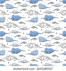 Seamless pattern of cute, blue clouds for packaging design. Happy childhood dreams.