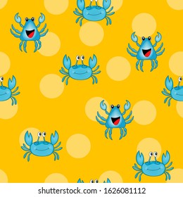 Seamless pattern with cute blue crab on yellow polka dots background. Vector animals colorful illustration. Adorable character for cards, wallpaper, textile, fabric, kindergarten. Cartoon style.