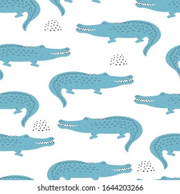 Seamless pattern with a cute blue crocodile.Vector illustration for printing on fabric, packaging paper, Wallpaper. Cute children's background.