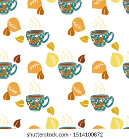 Seamless pattern with cute blue cups and autumn leaves on a white background. Vector texture.