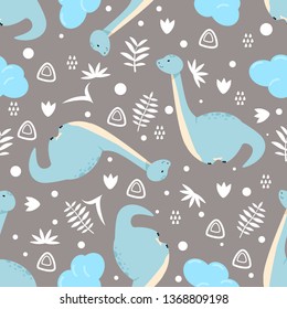 seamless pattern with cute blue dinosaur on gray background - vector illustration, eps