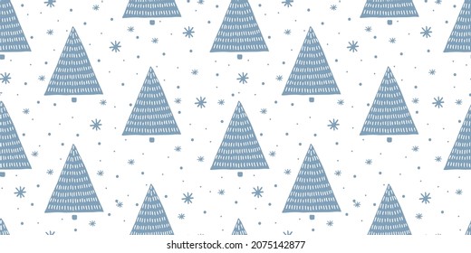 Seamless pattern of cute blue doodle Christmas trees and snowflakes on white. Symbol of Christmas, New Year. Hand drawn holiday winter clipart. Vector background for fabric, textile, gift wrapping.