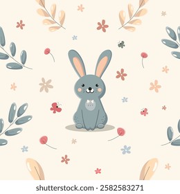 seamless pattern with cute blue easter bunny is sitting on beige background with colorful flowers. flat vector seamless pattern for cards, posters, backgrounds. cute vector easter template