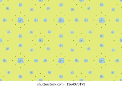 Seamless pattern cute blue flowers with green dots on the light yellow background.Can be used to create paper for wrapping gifts, wallpaper, fabrics, home textiles and background for website.Vector