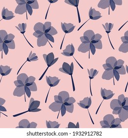 Seamless pattern of cute blue flowers on a pink background. Ideal for wrapping paper, wallpaper, textiles, etc. 