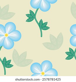 Seamless pattern with cute blue flowers on a pale yellow background. Vector graphic, perfect for textiles, gift wrapping, and digital designs.