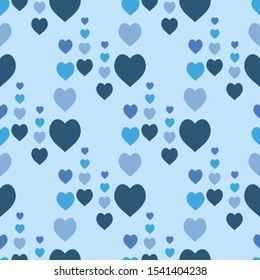 Seamless pattern with cute blue hearts on light blue background. Vector image. 
