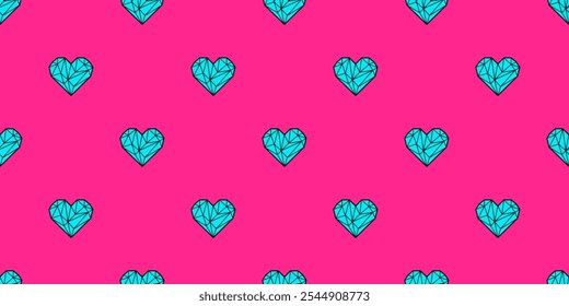 Patrón sin fisuras con lindos corazones azules. Fondo geométrico con símbolo de amor con fondo rosa. Patrón del día de San Valentín con los iconos del corazón, Ilustración vectorial