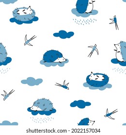 Seamless pattern with cute blue hedgehog on clouds with rain and swallow on white background. Vector illustration for postcard, banner, web, decor, design, arts, calendar.