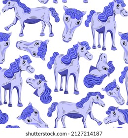 Seamless pattern of cute blue little pony horse isolated on white background.