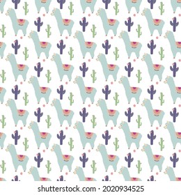 Seamless pattern with cute blue llamas and cacti.