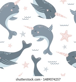 Seamless pattern with cute blue narwhals and starfish. Vector childish illustration isolated on white background. Suitable for printing on fabric, paper, wallpaper.