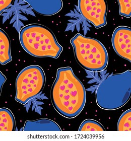 Seamless pattern with cute blue papaya and leaves on a black background. vector pattern. simple seamless background with papaya