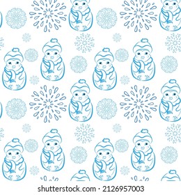 Nahtloses Muster mit süßen blauen Pinguinen und Schneeflocken auf weißem Hintergrund. Vektordesign für Gewebe, Babybekleidung, Textilien, Wickelpapier, Wallpaper, Drucke, Dekorationen, Verpackungen.