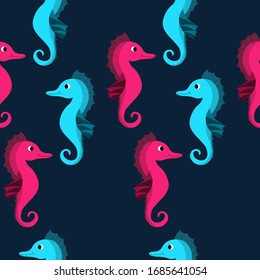 Seamless pattern with cute blue and pink sea ​​Horse on dark background. Vector cartoon animals colorful illustration. Adorable character for cards, wallpaper, textile, fabric. Flat style.