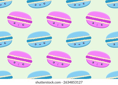 Seamless pattern with cute blue and pink macarons in kawaii style on soft background. Ideal for kids designs, packaging, or textile.

