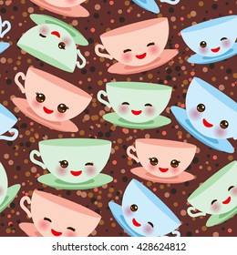 Seamless pattern Cute blue pink green Kawai cup, coffee tea with pink cheeks and winking eyes, pastel colors on brown polka dot background. Vector
