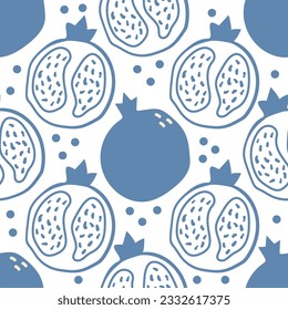 Seamless pattern with cute blue pomegranate fruit.