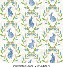 seamless pattern with cute blue rabbits and light colour leaves. Wild animals, eucalyptus, flowers. plants. Springtime background.Cute rabbits and flower arrangement gray texture pattern.