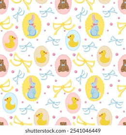 Seamless pattern with cute blue rabbits, bears, yellow ducks and bows. Vector flat funny childish ornament. Kids texture with bunny,  teddy bear, duck for fabric, wrapping, textile, wallpaper on white