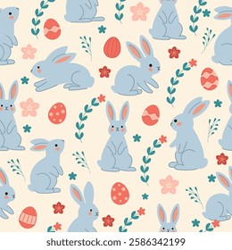 Seamless pattern with cute blue rabbits, Easter eggs, and floral elements on a light background. Perfect for Easter decorations, gift wrapping, textiles, and greeting cards. Vector illustratio