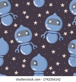 Seamless pattern with cute blue robot on the dark starry sky. Vector image of the starry sky. Children's pattern for printing on fabric, wallpaper and packaging.