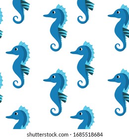 Seamless pattern with cute blue sea ​​Horse on white background. Vector cartoon animals colorful illustration. Adorable character for cards, wallpaper, textile, fabric, kindergarten. Flat style.