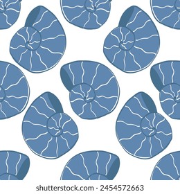 Seamless pattern with cute blue sea shells. Wallpaper, wrapping paper, textile, fabric, cover, texture template.