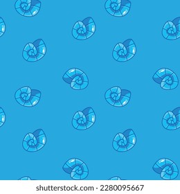 Seamless pattern with cute blue seashells on a blue background. Vector illustration in a minimalistic flat style, hand drawn. Print for children