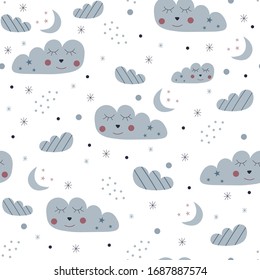 Seamless pattern of cute blue sleepy clouds, moons and stars on a white background