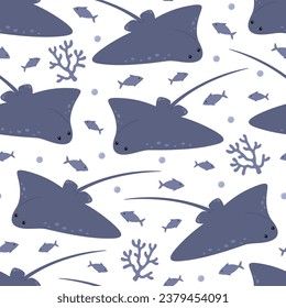 Seamless pattern with cute blue stingrays, seaweed, fish and bubbles. Vector flat illustration isolated on white background. Marine print with sea and ocean animals