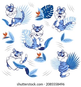 Seamless pattern with cute blue tiger cub, cute tiger cub in different situations, on a background with tropical leaves, a symbol of the new 2022. Vector illustration for postcard, banner, textile 