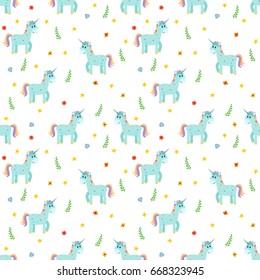 Seamless pattern with cute blue unicorns. Fashion childish background with different design elements. Vector illustration