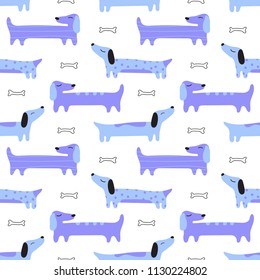 Seamless pattern with cute blue and violet dachshunds. Long dog on a white background. Vector illustration in children`s style. Suitable for fabric, textiles, wallpaper, clothing.