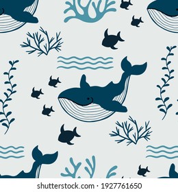 Seamless pattern with cute blue whale. Vector illustration in simple Scandinavian style, in gray and blue tones